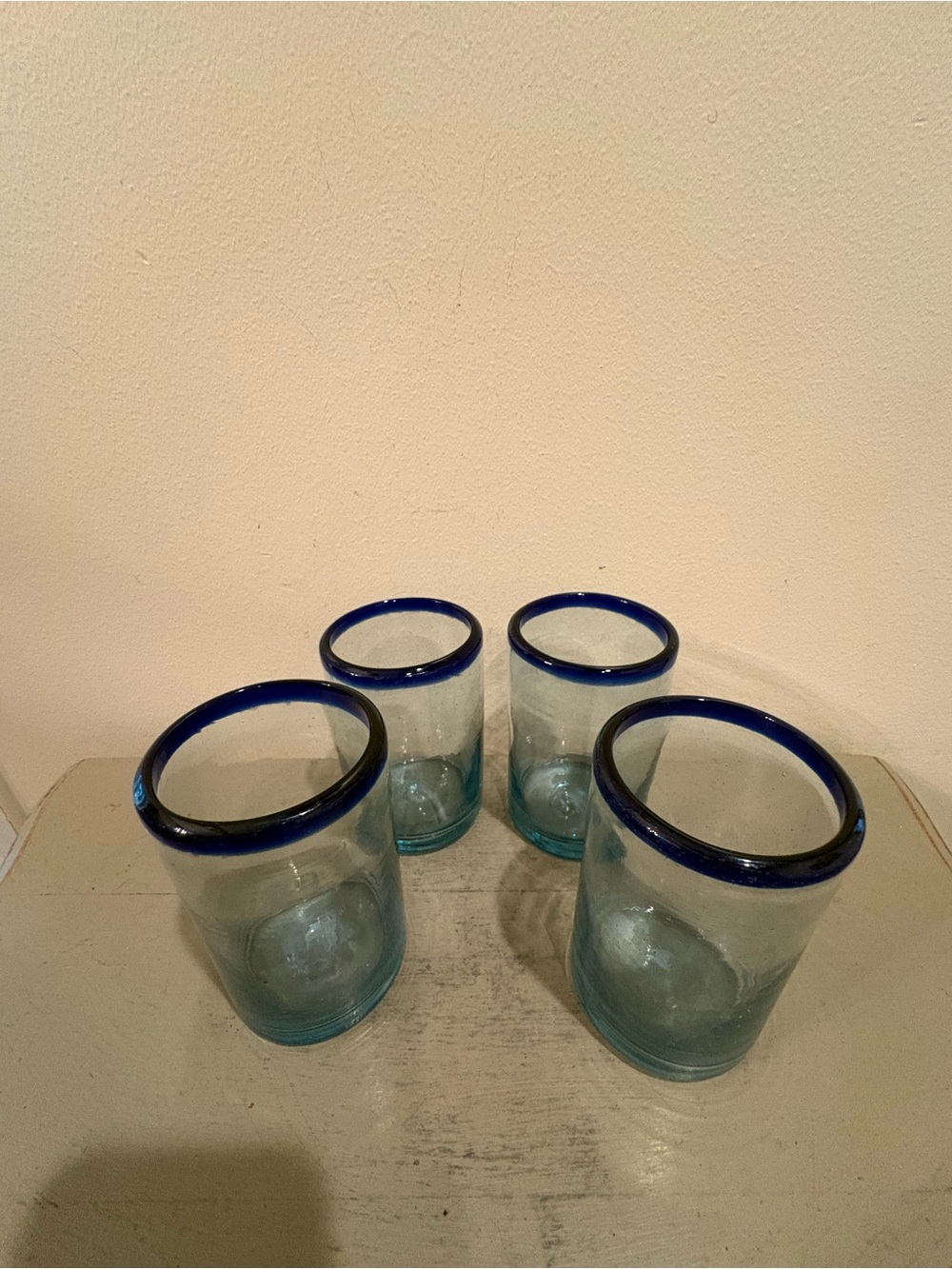 Four Cobalt Blue Rimmed Hand Blown Aqua Mexican Drinking Glasses